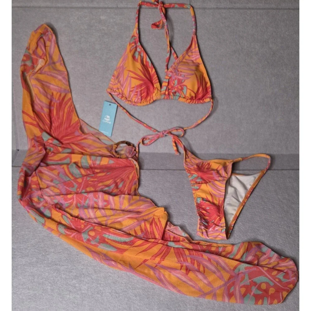 CUPSHE Floral Print 3 Pc Bikini Set & Sarong Cover Up Women's Size S NWT